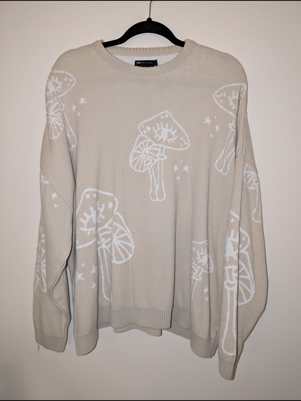 Beige Graphic Mushroom Crewneck Sweater